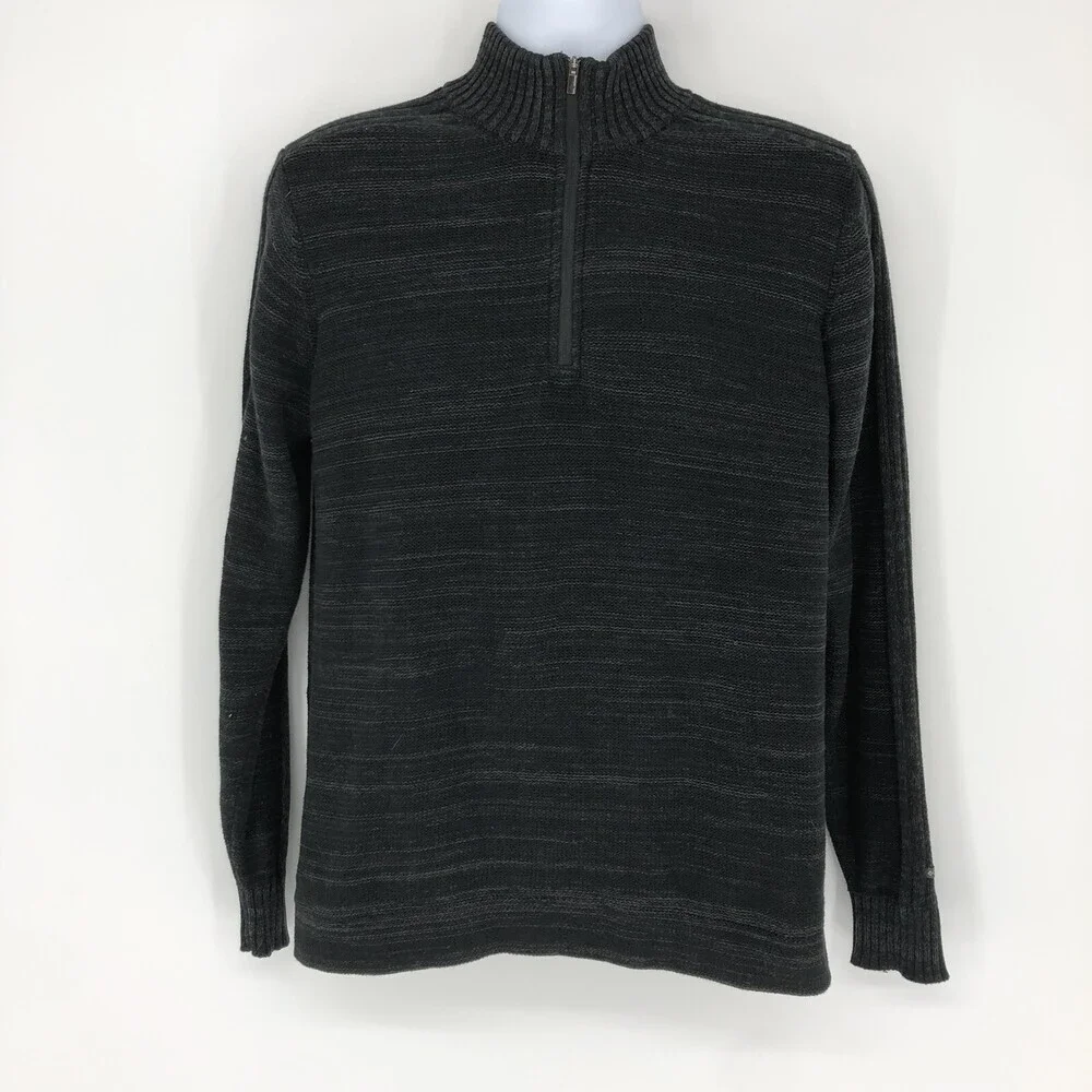 Columbia Men's 1/4 Zip Pop Over Cotton Grey Black Knit Sweater Size Medium